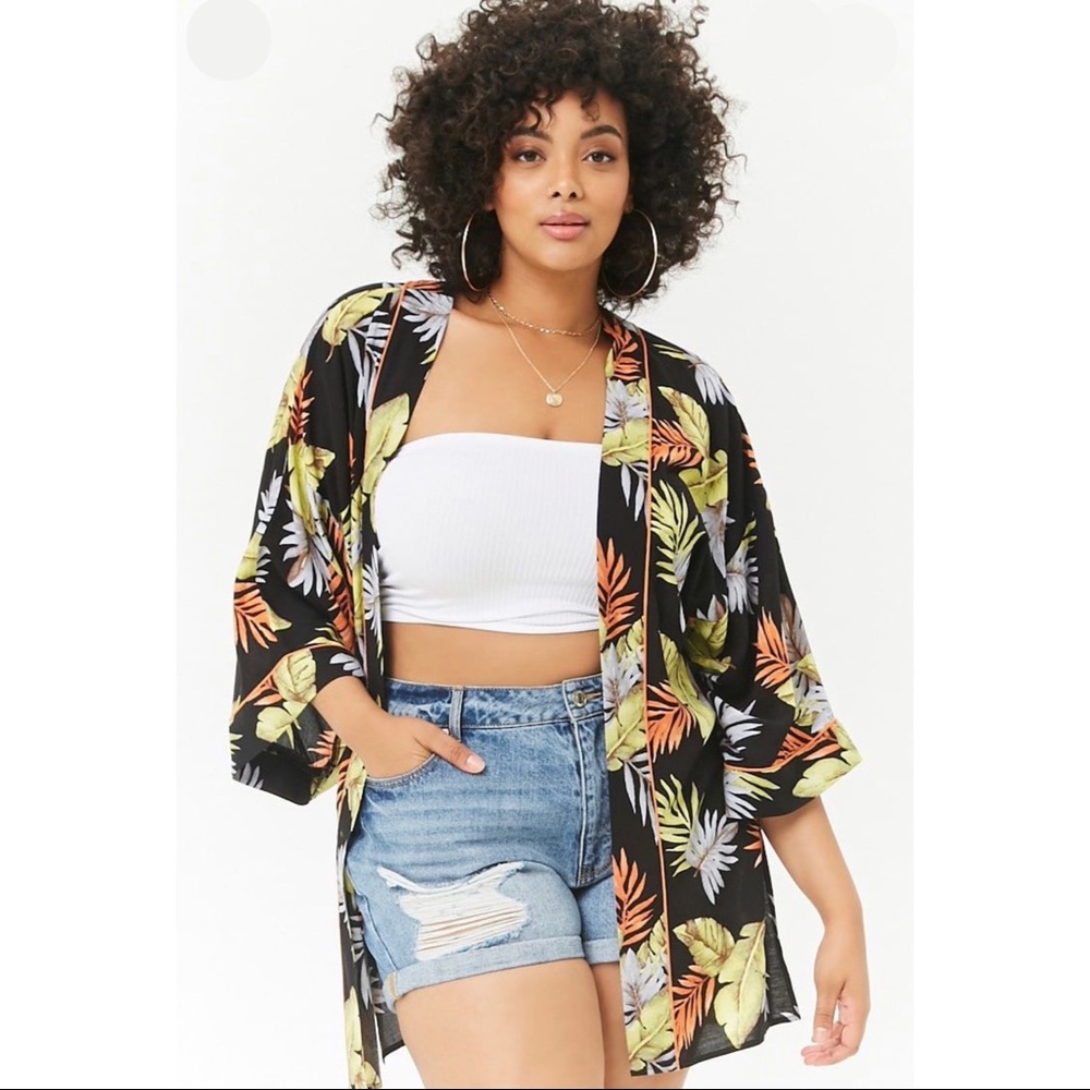 FOREVER 21+ Tropical Palm Print Kimono / Cover-Up (Plus Size 2X) BEAUTIFUL!